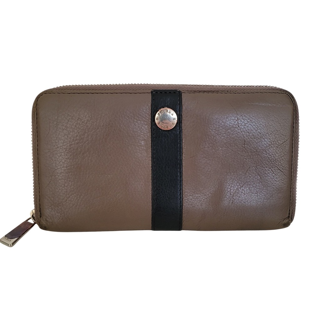 Furla Zip Around Leather Wallet Taupe Black Colorblock Silver Logo Hardware